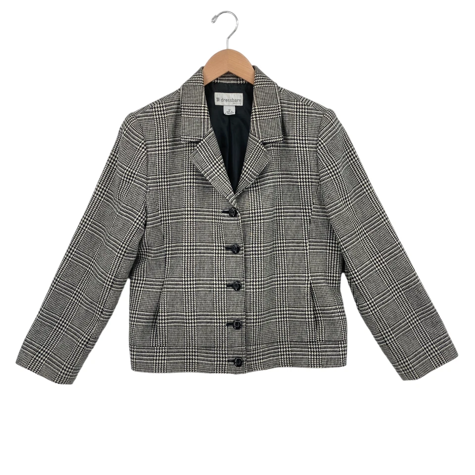 Dressbarn Blazer Jacket Women Size 12P White Black Houndstooth Wool Button Front - Image 1 of 4