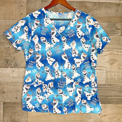 Scrubs Scrub Top Cartoon Disney Olaf Snowman Frozen Size M I Give Warm Hugs Blue - Image 1 of 4