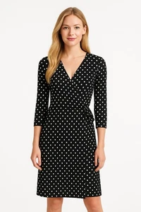 Abito Lands End nero bianco avvolgente taglia S 6/8 pois elasticizzato comodo maniche a 3/4 - Foto 1 di 10