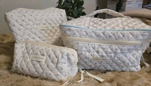 3 Pc Set Quilted Jolly House Cosmetic/ Travel Bag Pink Floral Print Petioles New - Picture 1 of 4