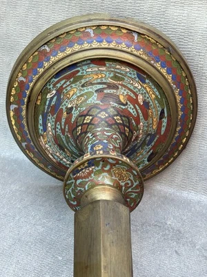 LÁMPARA DE PIE CLOISONNE ALTA VINTAGE ANTIGUA LATÓN CEPILLADO BRONCE INCRUSTACIÓN 6 PIES Foto 1 de 4