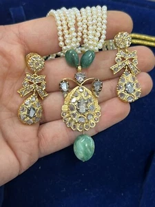 Vintage 20k Solid Gold Indian Style Wedding Set - Diamond - Emerald - Pearl - Picture 1 of 15
