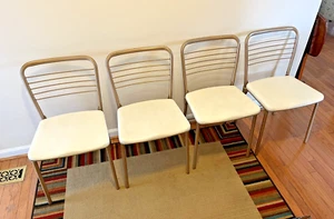 Vintage Cosco Gate-Folding Chairs Gold Metal White Naugahyde Seats, VGC - Picture 1 of 5