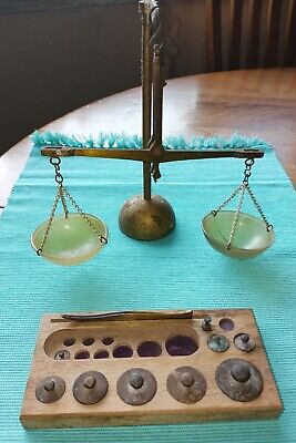 Antique Brass Apothecary Scale With Partial Set Of Weights. • 53.44$