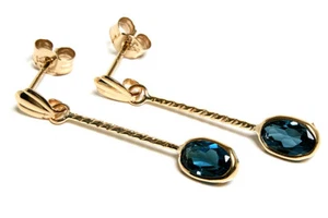 9ct Gold London Blue Topaz oval drop Earrings Made in UK Gift Boxed Birthday - Picture 1 of 7