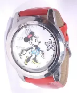 Women Disney Minnie Mouse Watch by Accutime Mn1003 Red Leather Band Silver Case - Picture 1 of 11