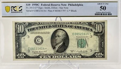 1950 C *STAR* $10 Federal Reserve Note (FRN) FR# 2013-C* Philadelphia, PCGS AU50 - Image 1 of 4