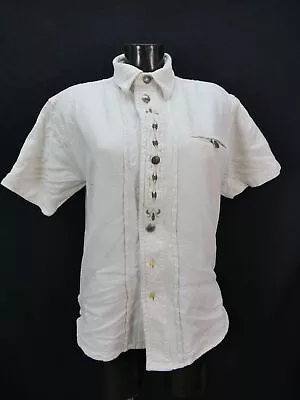 Camicia Folcloristica Taglia M Crema Bianca Lino Con Ricamo Classe Costume Tradizionale TH1972 • 32.75€
