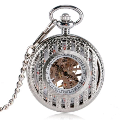 Vintage Skeleton Mechanical Pocket Watch Roman Numerals Dial for Women Men Gift - Image 1 of 4