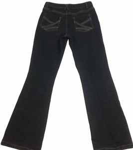 Pantalones de mezclilla para mujer Motto talla 6 bootcut tiro medio negros imitación cuero bolsillos bordados - Imagen 1 de 7
