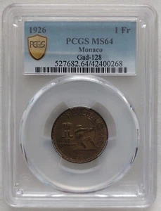MONACO 1 FRANC UNC COIN 1926 YEAR KM#114 GAD-128 LOUIS II PCGS GRADING MS64 - Picture 1 of 3