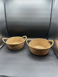 Pair Natural RATTAN BASKET W/ WOVEN IN HANDLES   - Bild 1 von 6