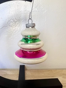 Vintage Christmas Ornament shiny brite lantern ufo stripe silver pink green mica - Picture 1 of 7