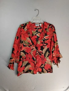 Chicos Womens Top 1 Medium Red Floral Silk 3/4 Ruffled Blouse V Neck Button Up - Picture 1 of 7