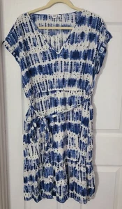 Gap Tie Dye Kleid Damen L blau-weiß V-Ausschnitt Bindeband Taillentaschen Gürtel & gefüttert  - Bild 1 von 15