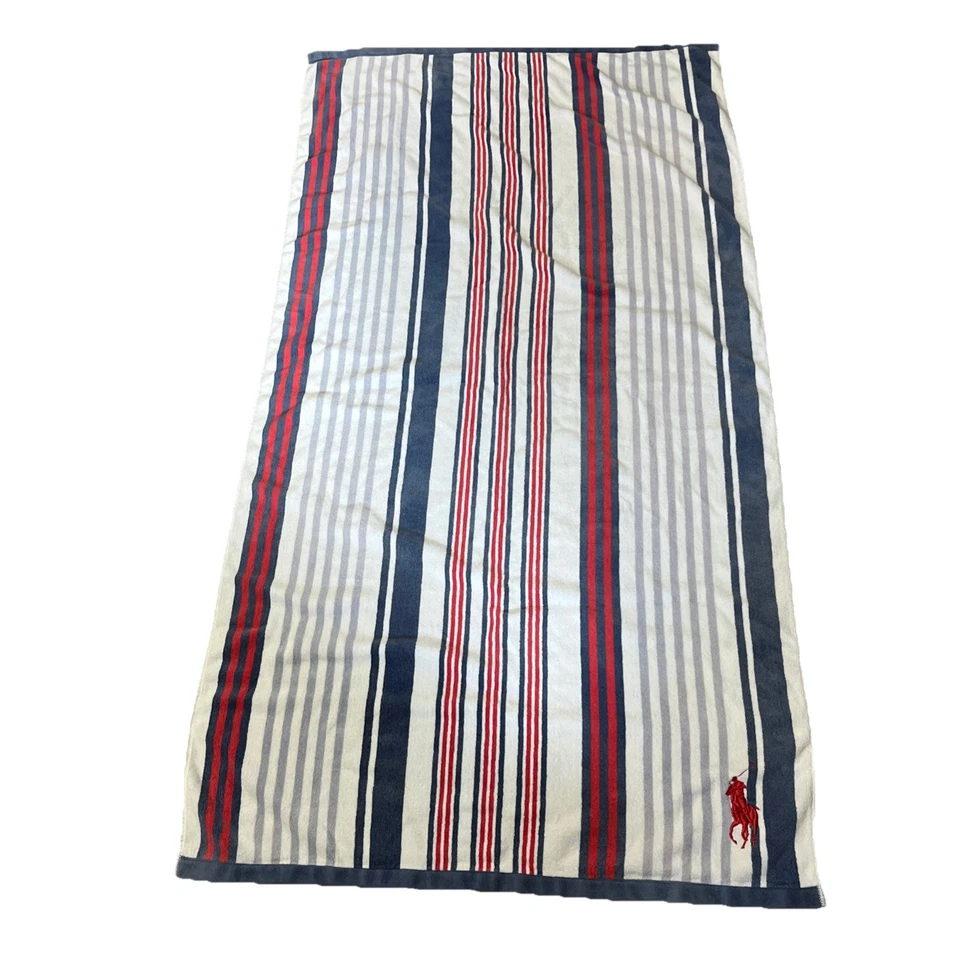 Polo Ralph Lauren 33X60 bordado vermelho pônei listrado toalha de banho de praia pelúcia - Imagem 1 de 4