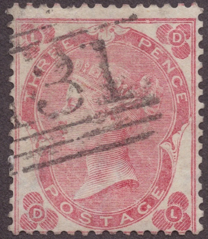 Great Britain 44 used,  L/D & D/L in corners, rose & thistle wmk, 3 p Victoria - Image 1 of 1