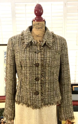 Chaqueta de lana a cuadros marrón con flecos bolsillos forrados talla 14 defecto VALE LA PENA para mujer Foto 1 de 4