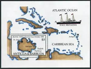 Antigua 889,MNH.Michel 898 Bl.100. Queen Elizabeth II visit,1985.Map,BRITANNIA. - Picture 1 of 1