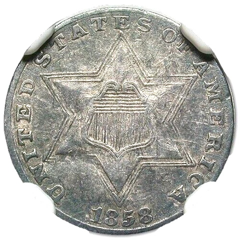 1858 3-CENT SILVER NGC AU50 NICE ORIGINAL SKIN AMERICA'S SMALLEST SILVER COIN Cover