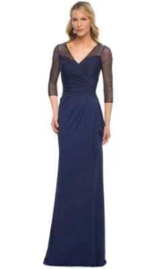 LA FEMME Navy Rhinestone Embellished V-Neck Sheer 3/4 Sleeve Jersey Gown 2 = XS - Picture 1 of 7