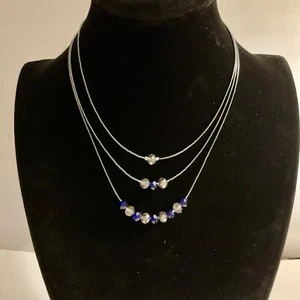 Sapphire Blue And Silver Color Triple Chain Crystal Beaded Necklace - Picture 1 of 10