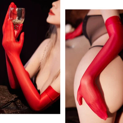 Women Sexy Oil Shiny Glossy Long Gloves Evening Party Elasticity Charming Gloves - Image 1 of 4