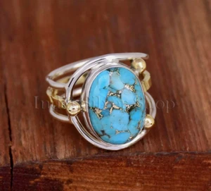 Blue Copper Turquoise Sterling Silver Band Cocktail Handmade Jewelry For Women - Picture 1 of 7