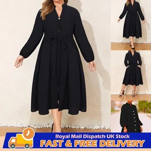 Plus Size Women V Neck Button Midi Dress Pockets Belted Ruffle Swing Shirt Dress - Picture 1 of 15