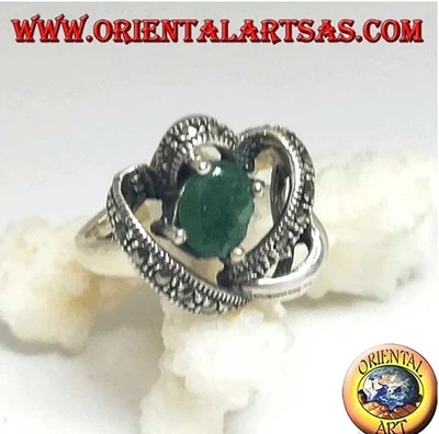 Anello in Argento 925‰ smeraldo naturale avvolto in 3D da fili con marcasite - Immagine 1 di 4