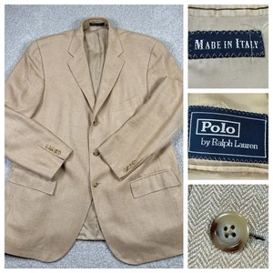Polo Ralph Lauren Silk Linen Sport Coat Jacket 46L Blazer Herringbone Beige - Picture 1 of 13