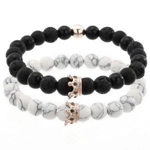 Mens Rose Gold Royal Crown Lava Rock Stone CZ Crystal Bracelet Luxury Bangle - Picture 1 of 5