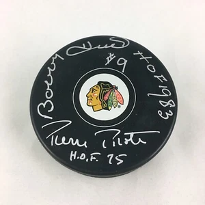 Bobby Hull Pierre Pilote HOF Signed Autograph Chicago Blackhawks Hockey Puck COA - Picture 1 of 1