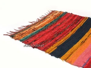 INDIAN HANDMADE RAG RUG COTTON CHINDI WOVEN THROW DARI VINTAGE 2X3 FEET - Picture 1 of 9