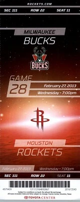 Milwaukee Bucks vs Houston Rockets 2/27/2013 Ticket - James Harden 25 Points - Image 1 of 2