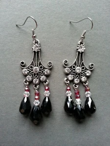 Earrings Handmade Black & Red Chandelier Crystal Drop - Picture 1 of 1