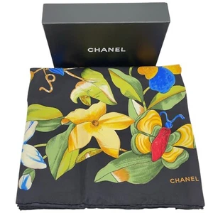 Auth CHANEL Vintage scarf stole Coco mark flower motif Silk Scarf W/Box V040122 - Picture 1 of 10
