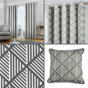 Fusion Grey Silver Brooklyn Geometric Stripe Lined Eyelet Ring Top Curtains Pair