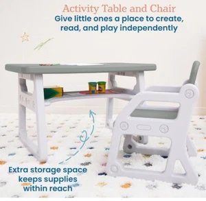 KINDER KLEINKIND SPIELSCHREIBTISCH + STUHLSET AUFBEWAHRUNGSREGAL + HALTER HELLGRAU leicht zu reinigen - Bild 1 von 7