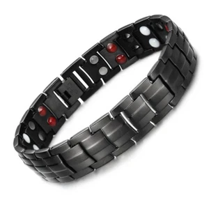 BRACELET GOURMETTE HOMME EN ACIER NOIR AIMANTS GAUSS GERMANIUM ION NEODYME B0237 - Imagen 1 de 1