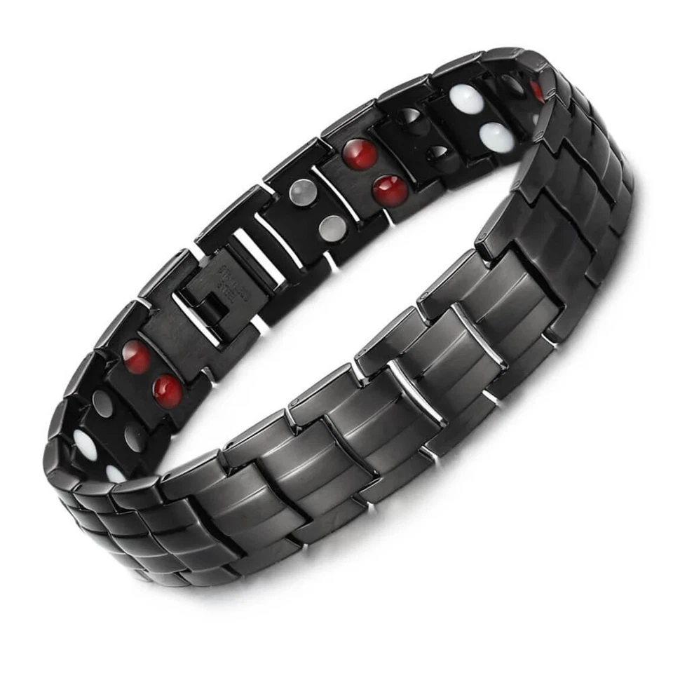BRACELET GOURMETTE HOMME EN ACIER NOIR AIMANTS GAUSS GERMANIUM ION NEODYME B0237