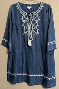 Umgee Womens M Tunic Dress Cream Embroidered Blue Chambray 3/4 Sleeve Tassel Tie - Picture 1 of 11