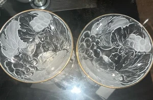 Set Of 2 Etched leaves in frosted and clear glass gold rim Bowls - Picture 1 of 5