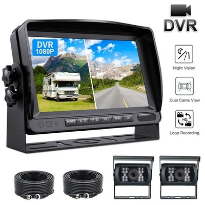 7" Split Monitor Dual Rear View Backup Camera DVR System For Semi Box Truck RV - Image 1 of 4