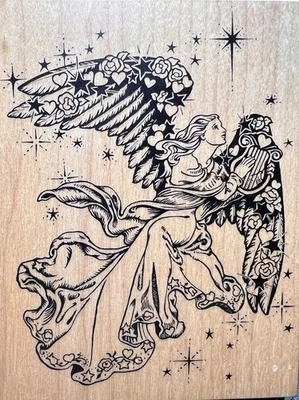 Sello de goma vintage alas de ángel arpa flores estrellas cielo montaje en madera PSX K-1332 Foto 1 de 4