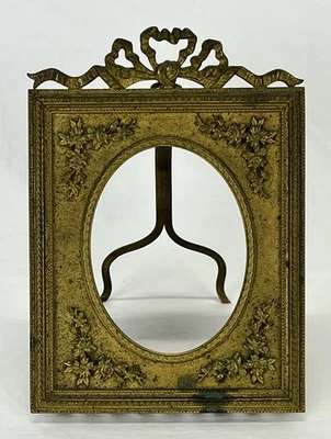 Antique French Bronze Brass Ribbon Bow Standing Easel Frame 2 3/4 x 2 1/8 Openin - Image 1 of 4