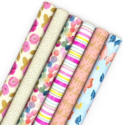 Hallmark Pretty Set of 6 Rolls, 180 Sq Ft Total, Pink, Gold, Blue, Yellow  - Image 1 of 4