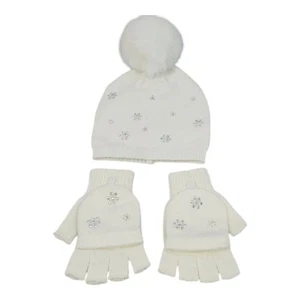 Mädchen weiß/creme glitzernde Schneeflocke Strickmütze Beanie mit fingerlosem Handschuh Set - Bild 1 von 13