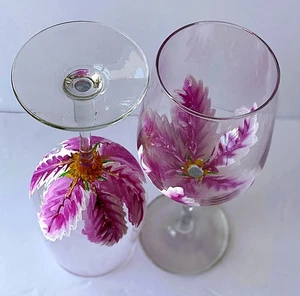 Signed Hand Painted Pink Wildflower Wine Glasses Set of 2 Artist Floral Stem - Picture 1 of 13