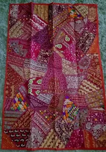 BEAUTIFUL BEADED MIRROR EMBROIDERY RED TAPESTRY PATCHWORK WALL HANGING ~ INDIA - Picture 1 of 11